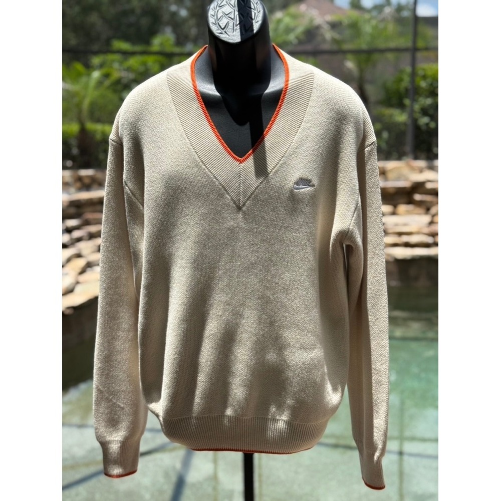 Nike Mens Club V-Neck Sweater Light Khaki Orange Trim Loose Fit S NEW
